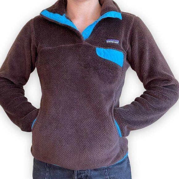 Patagonia Womens Brown Fleece Blue Trim Snap Pullover Sweatshirt Sz XS - Picture 3 of 8